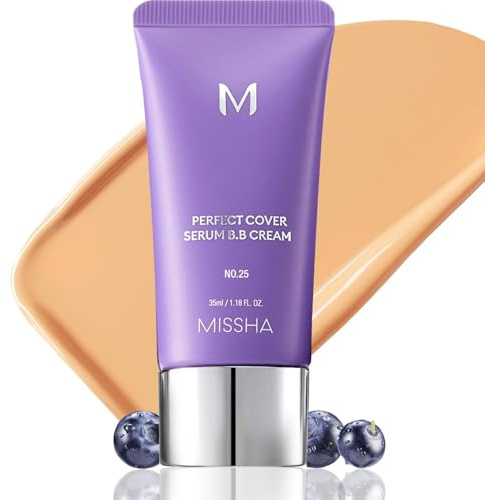 MISSHA M PERFECT COVER SERUM BB CREAM N.º 25 Warm Beige - Tono claro con subtono frío, Crema hidratante con color, Maquillaje con tratamiento para la piel, Maquillaje coreano, 35 ml