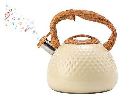 3L Flötenkessel, Edelstahl Wasserkessel Induktion und Gasherd mit Pfeife | Retro Teekessel mit Hitzebeständigem Griff, Spülmaschinenfest, Geeignet für Küche Camping