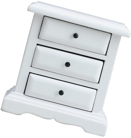 YiNLuax Handcraft Table de nuit miniature pour maisons de poupées à l'échelle 1/12 Blanc avec tiroirs de rangement fonctionnels Accessoires de scène Table de nuit miniature