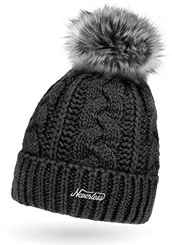 Neverless® Damen Wintermütze mit Fleece Gefüttert Warm & Winddicht Strickmütze Bommelmütze Model 1980 Dunkelgrau Unisize