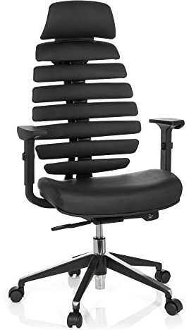 hjh OFFICE 714560 Profi Bürostuhl Ergo LINE II PRO Leder Schwarz ergonomischer Drehstuhl mit Lordosen- und Kopfstütze