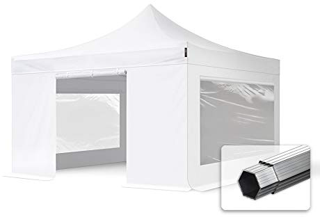 TOOLPORT Faltzelt Professional 4x4 m Faltpavillon mit Seitenteilen (Panoramafenster) ALU Pavillon Partyzelt schwer entflammbar weiß