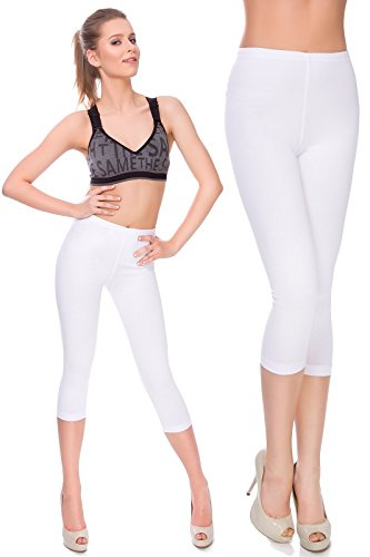 MITAAMI Cropped Leggings for Women 3/4 Length Trousers Elastic Mid Waisted Casual Cotton Stretchy Pants Ladies Running Gym Fitness White Size 10