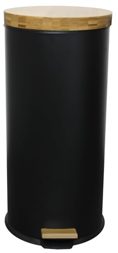 Poubelle bois de cuisine à pédale 30L Naturel FOREST Noir en acier Inox couvercle en bambou avec seau