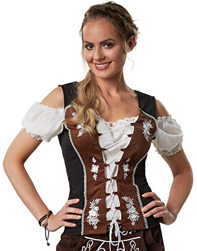 dressforfun 900631 Trachtenbluse mit Carmen Ausschnitt, Lederoptik Einsätze, Schnürung, Kurzarm, weiß braun schwarz - Diverse Größen - (S | Nr. 303165)