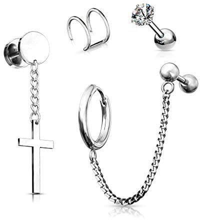 beyoutifulthings 4 Knorpel Ohr-stecker Mix Stud Kette Fake-Plug Kreuz Anhänger Hoop Cuff Cartilage Labret Piercing-s Tragus Edelstahl