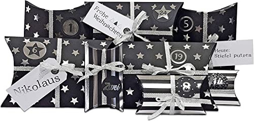Frau WunderVoll® DIY Adventskalender zum Befüllen HoHoHo Metallic, matt schwarz, Silber/Weihnachtskalender Bastelset Weihnachten,Schachteln,Kissenschachteln, Pillowbox, Kinder, Zahlen, Geschenkbeutel