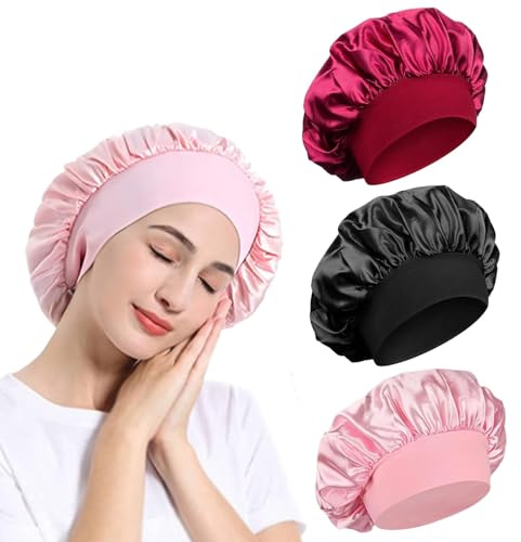 3 Stück Satinhaube, Nachtschlafmützen mit breitem Gummiband, Seidenwickel, weiche Kopfbedeckung, Schlafmütze für Frauen und Mädchen, lockiges Haar (Rosa, Schwarz, Rot)