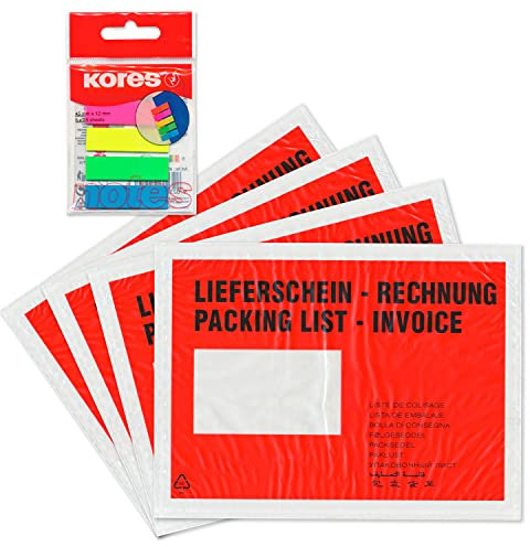 WPTrading - 250 x Lieferscheintaschen 165 x 120 mm in DIN C6 Rot Lieferschein/Rechnung inkl. 125 Page-Marker in 5 Farben - Dokumenten-Taschen selbstklebend, lang - Begleitpapiertaschen für Versand
