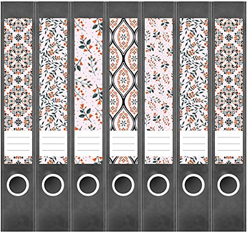 Etiketten für Ordner | Deko 17 Muster Mix | 7 Aufkleber für schmale Ordnerrücken | Selbstklebende Design Ordneretiketten Rückenschilder