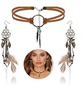 LOLIAS Boho Traumfänger-Ohrringe Drop Leder Choker Halskette Set für Frauen Handmade Retro Vintage Bohemian Feder Anhänger Dangle Ohrringe Stammes-Schmuck Geschenk