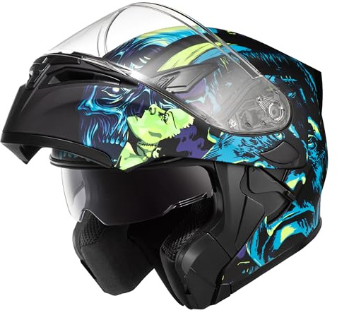 KYPARA Motorcycle Dual Visor Flip up Modular Full Face Helmet with DOT Certification of Impressionism (Frankenstein, M)
