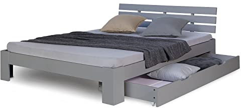 Homestyle4u 2251, Holzbett 140x200 mit Schubladen Grau Doppelbett mit Lattenrost Bettkasten Bett Holz Kiefer