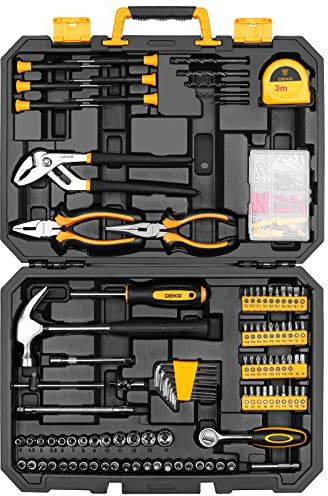 DEKO 196 Piece Tool Set General Household Hand Tool Kit with Rip Claw Hammer,Lineman's Plier, Measure Tape Rule & Plastic Toolbox Storage Case
