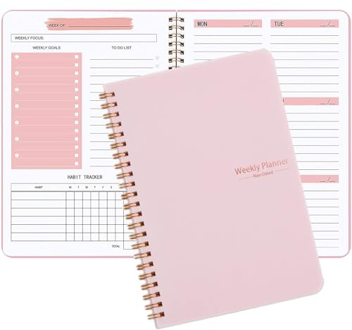 Carnet de planning hebdomadaire A5 non daté, liste de tâches, suivi des objectifs et habitudes, planification annuelle 52 semaines
