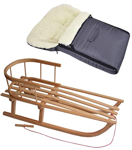Kombierbjudande träsläde med ryggstöd och dragrep + universell vinteråksäck (90 cm), även lämplig för babystol, barnvagn, buggy, lammull, uni (mörkgrå + släde)