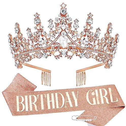TOBATOBA Birthday Crowns and Sash for Women, Rose Gold Princess Birthday Decorations