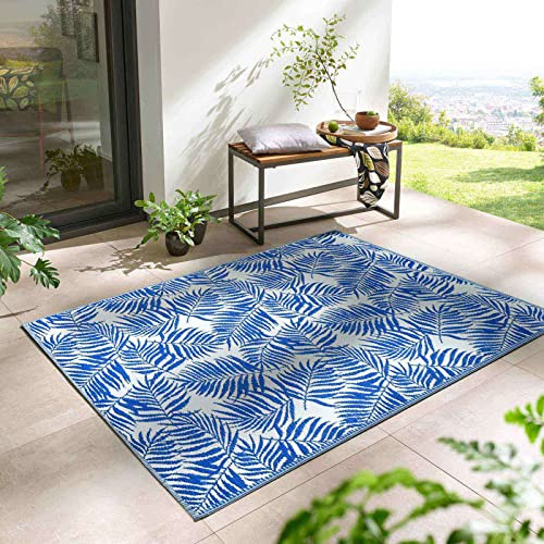 Taracarpet Outdoor Kurzflor Teppich Santa Monica wetterfest, wasserfest, rechteckig, Höhe: 3 mm, Balkon Garten Terrasse Camping Wintergarten blau-weiß Palme 190x290 cm