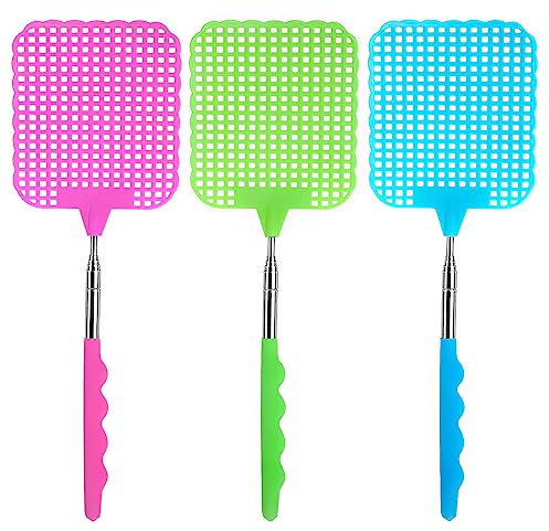 Asfacuputure 3 Pièces Tapette à Mouches Extensible,Durable Manuelle Télescopique Mouche Piège,Portable Tapettes Anti Moustique,pour Intérieur Jardin Moustiques Insectes (Jaune, Rose, Vert)