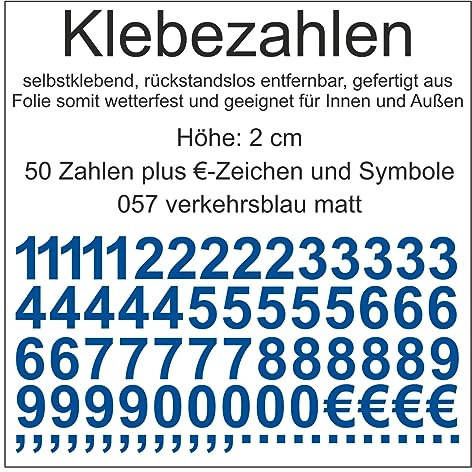 Aufkleber Sticker Klebezahlen Klebezahl Zahlen Zahl Nummern aus Folie 50 Zahlen blau verkehrsblau matt Höhe 2 cm selbstklebend wetterfest Nummerierung Preisauszeichnung Beschriftung Modellbau