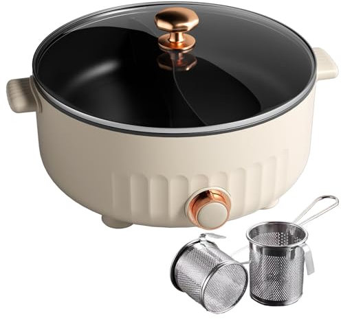ARTSIM Faitout 2 Compartiment, 6 litres, 1350 Watts, 30cm De DiamèTre Appareil A Fondue IdéAl pour Les RéUnions De Famille (avec 2 Filets Non éTanches),White