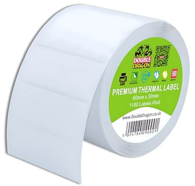 Double Dragon, 1 100 direkttermiska etiketter, 60 mm x 30 mm | Premium belagda, självhäftande vita klistermärken | Rep-resistant | Kompatibel med Zebra, MUNBYN, Rollo, Toshiba, Citizen skrivare