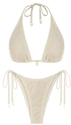 ZAFUL Damen Triangle-Bikini-Set mit Fischnetz – Multiway Neckholder/Bandeau Tie-Side Sexy Cheeky Zweiteiliger Badeanzug Bademode (Weiß,XL)