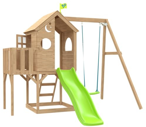 TP Toys - Treehouse Wooden Play Tower, With Panel Kit, Balcony, Wavy Slide With Slide Lock & Swing Arm. Two-storey Wooden Playhouse, Lookout Deck, Made From FSC Certified Wood - Age 3 Years+