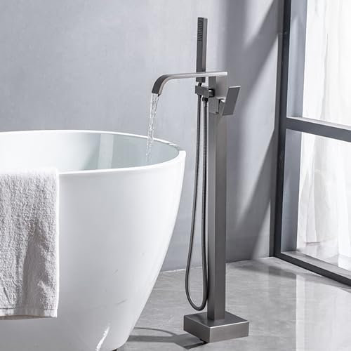 BiaoTeng Badewannenarmatur Wasserfall FüR Freistehende Badewanne 360° Drehung Messing Mit Handbrause Standarmatur Freistehend Wannenarmatur Armatur, grau