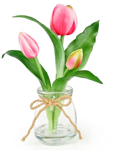 Lovmeety Tulips Artificial Flowers with Vase, Real Touch Pink Tulips in Glass Vase with Faux Water Small Fake Plants Flowers Arrangement for Home Room Office Wedding Table Centerpiece