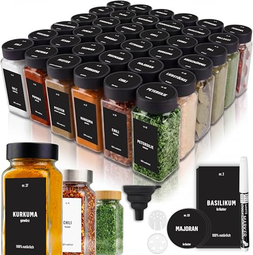 Deco Haus® Kryddburkar Fyrkantiga Lufttäta 36-set [inkl. Etiketter & Ströinsats] - Kryddkärl Set i Glas - Kryddbehållare Spice Jars - Kryddförvaring - Behållare för Kryddor - Kryddförvaring | Kryddburkar glas set – kryddbehållare kryddburkar – kryddförvaring kryddförvaring, svart lock, tratt