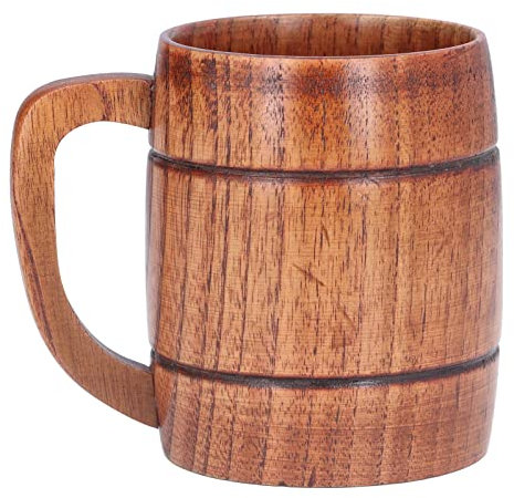 Hölzerner Bierkrug, 300ml Handgefertigter Retro Holzbecher Holzschnitzerei Bierkrug Fassbecher mit Griff für Wasser, Tee, Kaffee, Wein, Bier