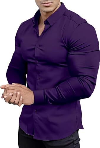 EOUOSS, camicia da uomo, aderente, maniche lunghe, elasticizzata, casual, con bottoni