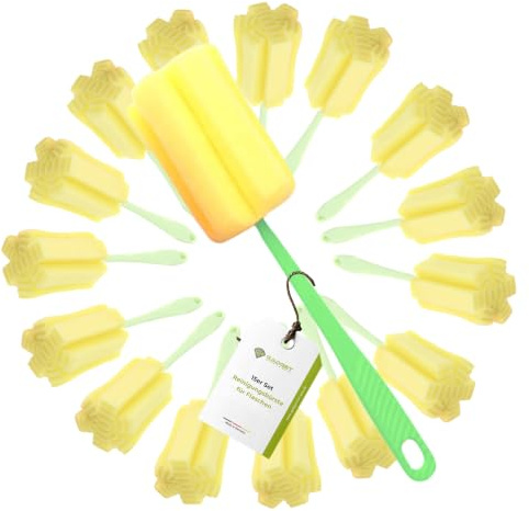 Flaschenbürste 15er Set lang Schwamm für Babyflaschen Gläser Trinkflaschen | 15er-Set kratzfreie Flaschenbürsten mit Schwamm für Babyflaschen, Gläser, Thermoskanne, schmale Flaschen