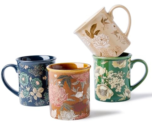 BICETTO Coffee Mugs Set of 4, 12oz Ceramic Tea Cups with Floral Design, Hand wash only, Microwaveable, Gift Box, Perfect for Cappuccino, Latte, Hot Chocolate–Tazas Para Café Bonitas (Royal Bloom)