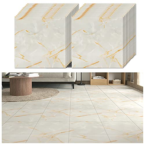 VEELIKE PVC Bodenbelag Marmor Hellgelb Vinylboden Selbstklebend Bodenfliesen 24 Stück Klebefliesen Boden Küche Fliesenaufkleber Boden Badezimmer Wasserfest PVC Fliesen Garage Wohnzimmer 30cm × 30cm