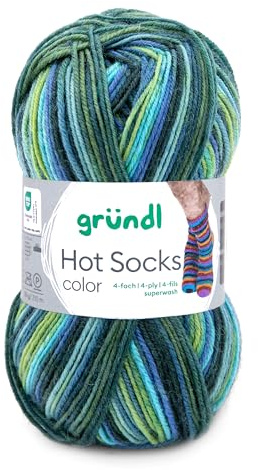 Gründl Hot Socks Color, Sockenwolle mit Farbverlauf türkis grün blau, Strumpfwolle 4-fach, 4-fädig, Sockengarn, 50g | 75% Wolle, 25% Polyamid (404)