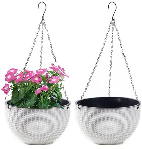 WOWEI Blumenampel Hangend 2er Set Hängeampel mit Wasserspeicher & Ablaufloch Selbstbewässerung Blumenampel Outdoor Indoor Hängeampel Pflanzen mit Ketten Blumentopf Hängepflanztöpfe (Weiß, L:2 Set)