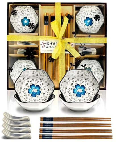 Finsink Sushi - Set di stoviglie per 4 persone, 12 piatti in ceramica per sushi, colore: blu e bianco, in confezione regalo di alta qualità