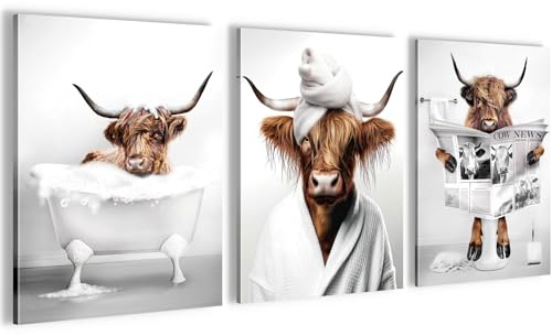 Novart Wandbilder Set Lustige Tiere Bulle - KOMPLETT AUFHÄNGFERTIG - Schlafzimmer Flur Badezimmer Deko - 3 Moderne Bilder Bulle Badewanne - N032935a