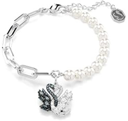 Swarovski Pulsera Swan, Strand Crystal Pearls en White, con un Cisne en el Centro, Zirconia en Black y en White en Tallas Redondas y Marquise, Baño en Rodio y Rutenio