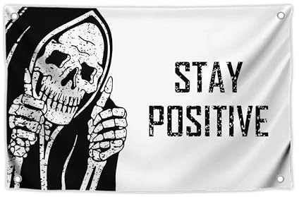 3x5 Feet Funny Flag Stay Positive with Four Brass Grommets - Vintage Skull Wall Decor for Home - Retro Halloween Decoration for Bedroom - Cool Wall Flags for College Dorm or Office