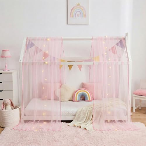 WANFASO Rosa Betthimmel Bettvorhänge mit Lichtern, Prinzessin Bett Baldachin für Mädchen Kinderzimmer Dekor, Durchsichtiges Haus Doppelbett Baldachin Vorhang Schal (2 Paneele)