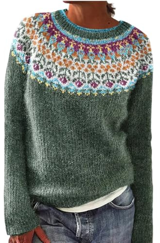 Women's Knitted Fair Isle Print Retro Sweater Casual Loose Crewneck Long Sleeve Lightweight Cropped Pullover Tops