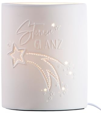 GILDE Tischleuchte Sternenglanz Porzellan weiß Stern Motiv Schriftzug Höhe 20,5 cm Dekoleuchte Nachttischlampe Wohnaccessoire Beleuchtung