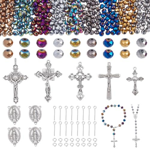 NBEADS Über 480 Stk. Rosenkranz-Schmuck Machen Findings Kits, Inklusive Runde Glasperlen Legierung Kreuz Anhänger mit Messing Sprung Ringe für DIY Handwerk