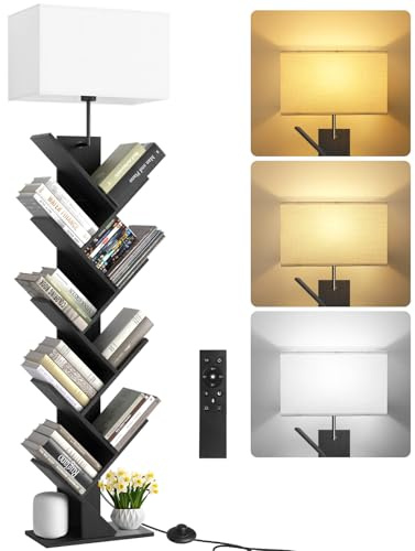 OUTONLIFE 9 Tier Tree Bookshelf with Light & Remote, Dimmable Tall Floor Standing Lamp, Narrow Wood Bookcase, Small Book Organizer Shelves for Living Room, Bedroom, Home Office (Black)