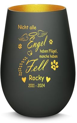 Gravur-Max Haustier Trauerlicht mit Gravur Nicht alle Engel haben Flügel, Manche haben Fell mit Wunschname und Pfote mit Einer hochwertigen Lasergravur in der Farbe Schwarz/Gold