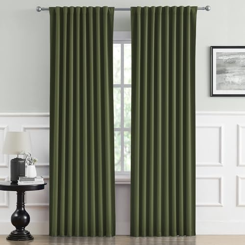 DUALIFE Olive Dark Green Curtains 96 Length 2 Panels, Blackout Curtains Thermal Insulated Window Treatment Room Darkening Drapes for Living Room Back Tab/Rod Pocket, 52 by 96 Inches Long