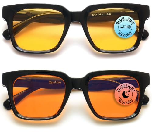 OPULIZE ERA Occhiali luce blu donna e uomo - Antiriflesso e Antibagliore - Confezione da 2 - Occhiali per computer - Protezione UV - Oversize e Rettangolare - Nero - Lenti Gialle / Arancioni